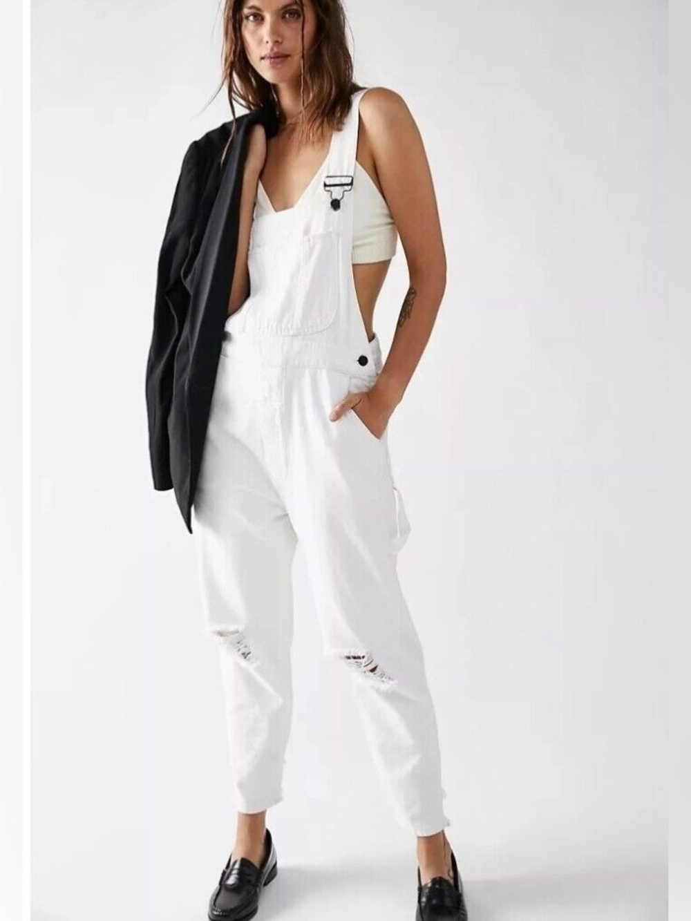 Free People x Sandrine Rose White Distressed Overalls NWT. S.